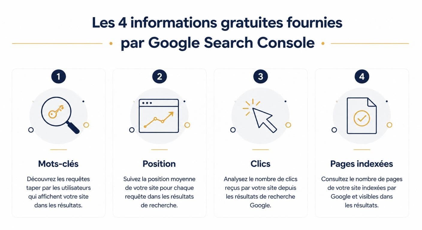 Infographie présentant les quatre informations clés fournies gratuitement par Google Search Console