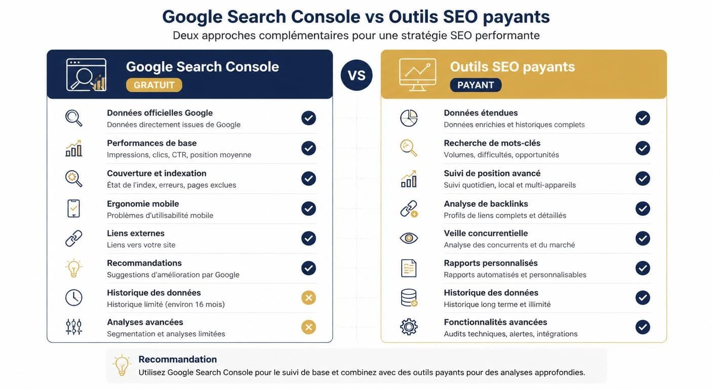 Infographie comparant Google Search Console gratuite aux outils SEO payants