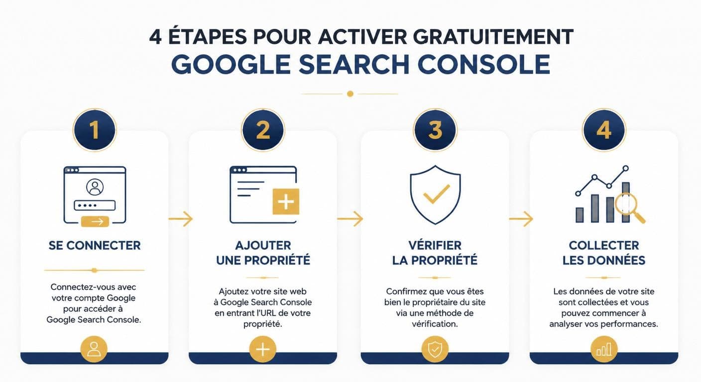 Infographie des 4 étapes pour activer gratuitement Google Search Console