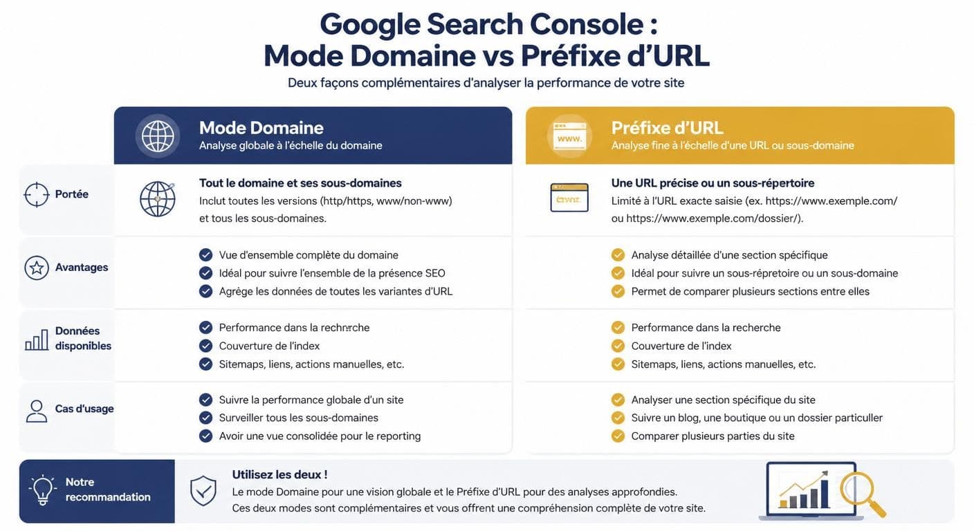 Infographie comparant le mode domaine et le mode préfixe d'URL pour ajouter une propriété dans Google Search Console