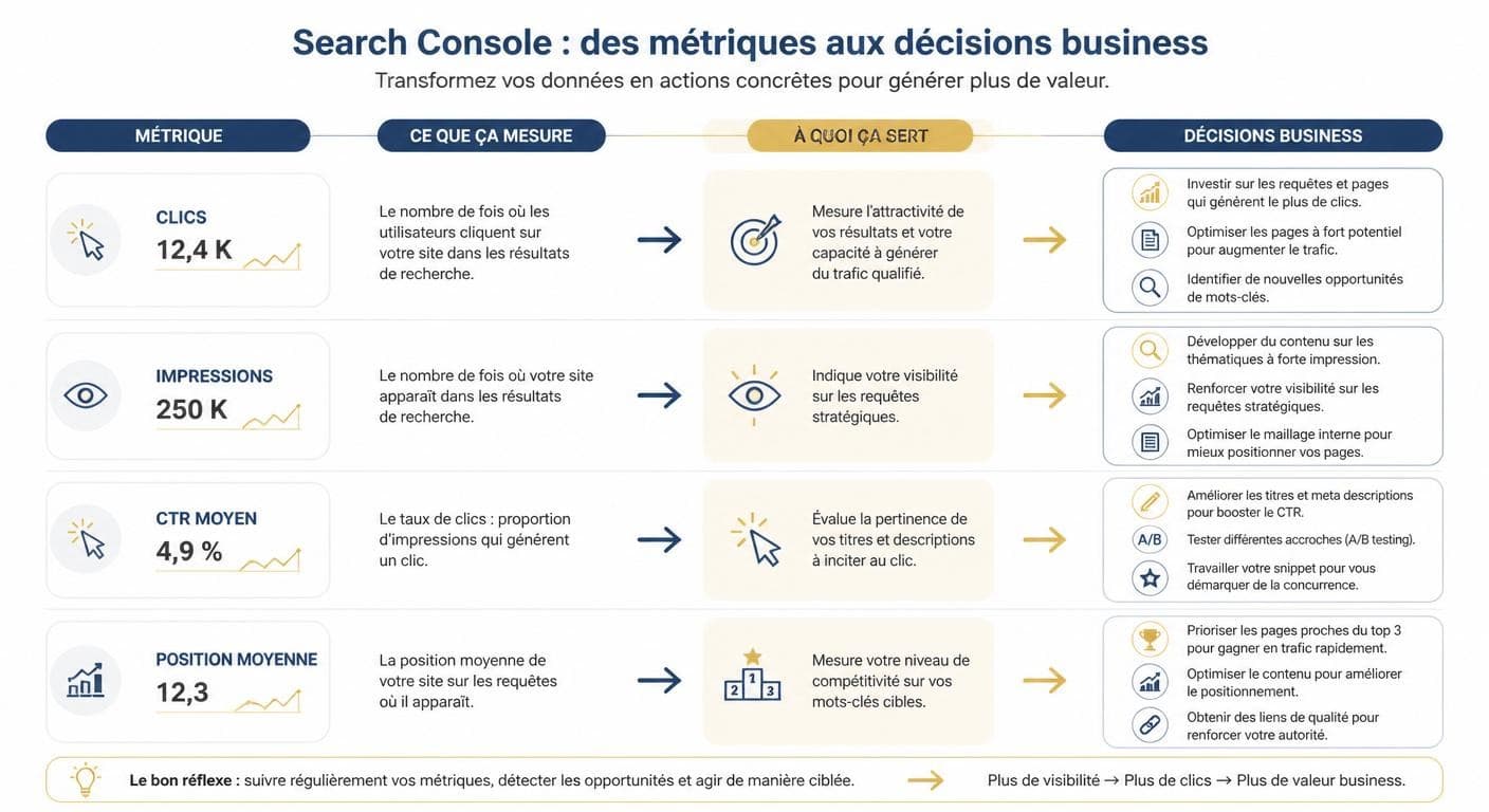 Infographie traduisant les métriques de Google Search Console en décisions business