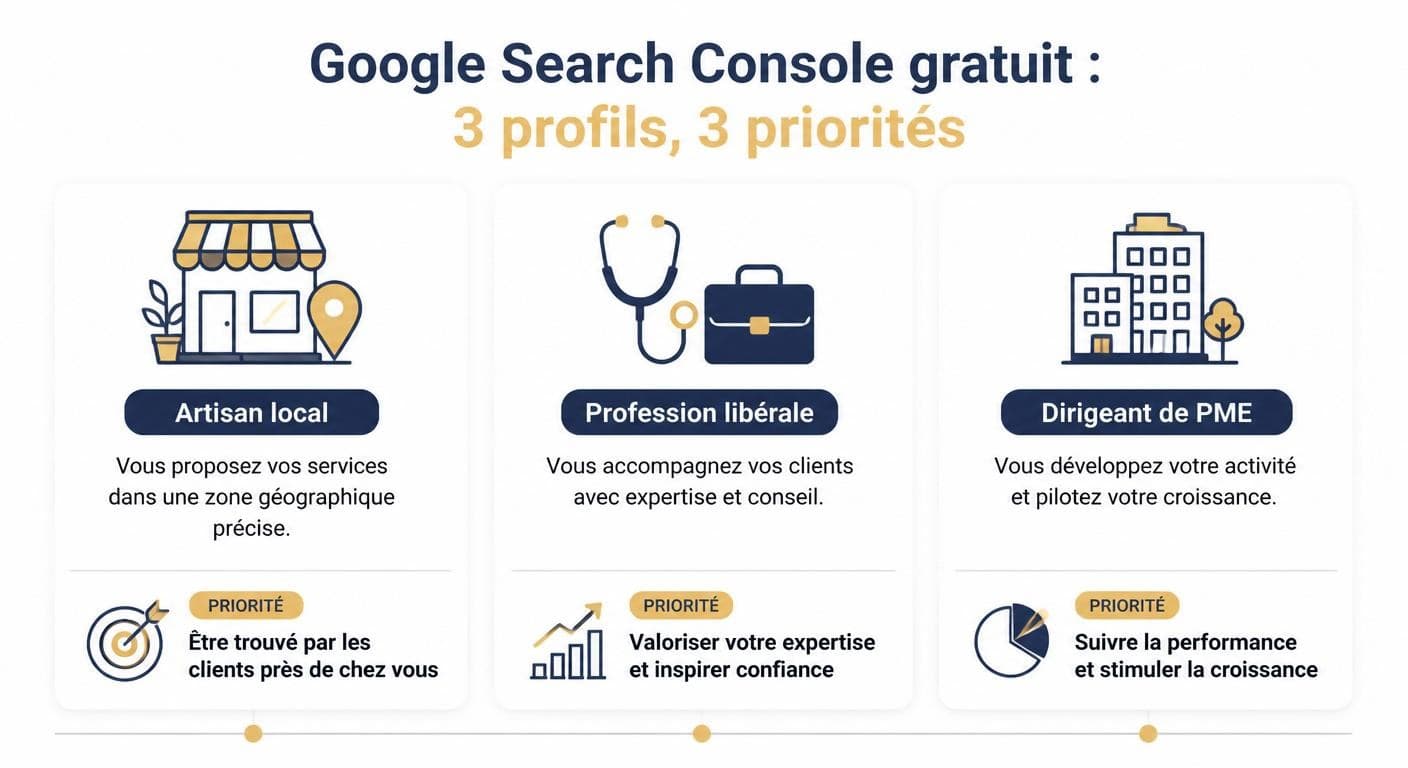 Infographie de l'usage de Google Search Console gratuite selon trois profils professionnels