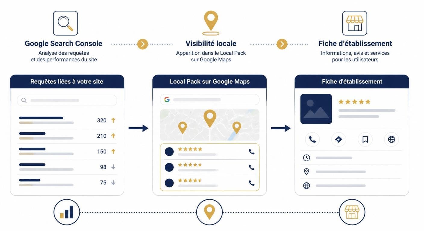 Infographie du lien entre Google Search Console et la visibilité locale sur Google Maps