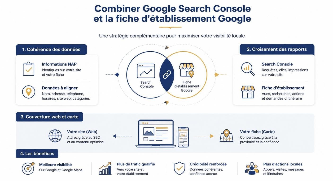 Infographie sur la combinaison de Google Search Console et de la fiche d'établissement Google pour la visibilité locale