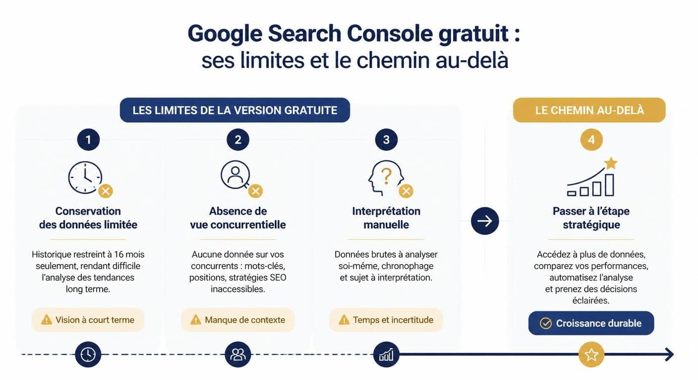 Infographie des limites de la version gratuite de Google Search Console et des étapes suivantes