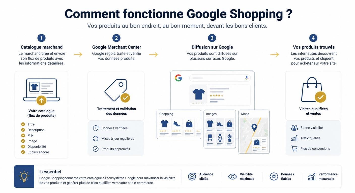 Schéma expliquant le fonctionnement de Google Shopping du catalogue produit jusqu'à l'affichage sur Google
