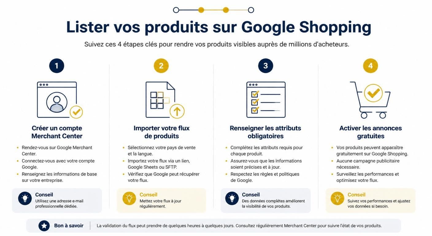 Infographie des 4 étapes pour inscrire ses produits sur Google Shopping