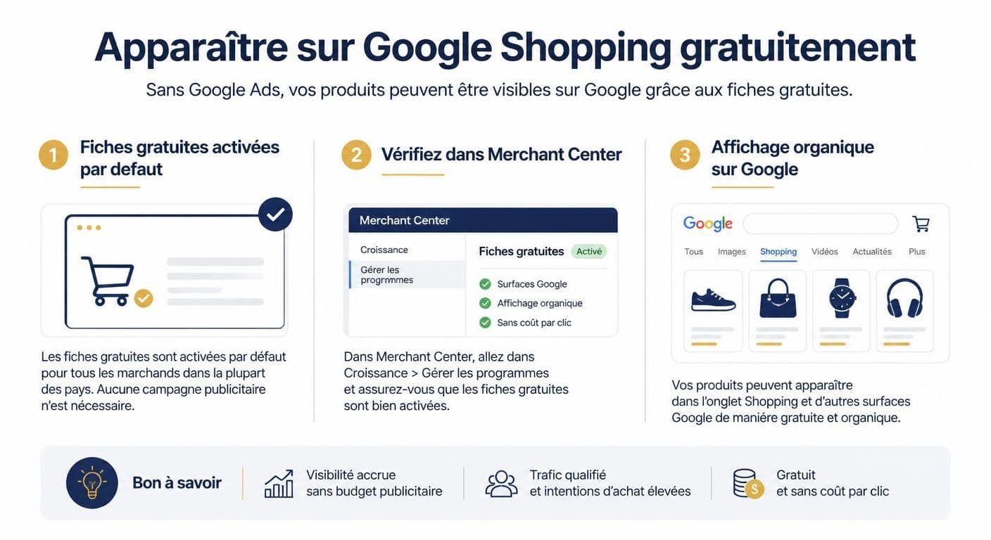 Infographie expliquant comment apparaître gratuitement sur Google Shopping sans Google Ads
