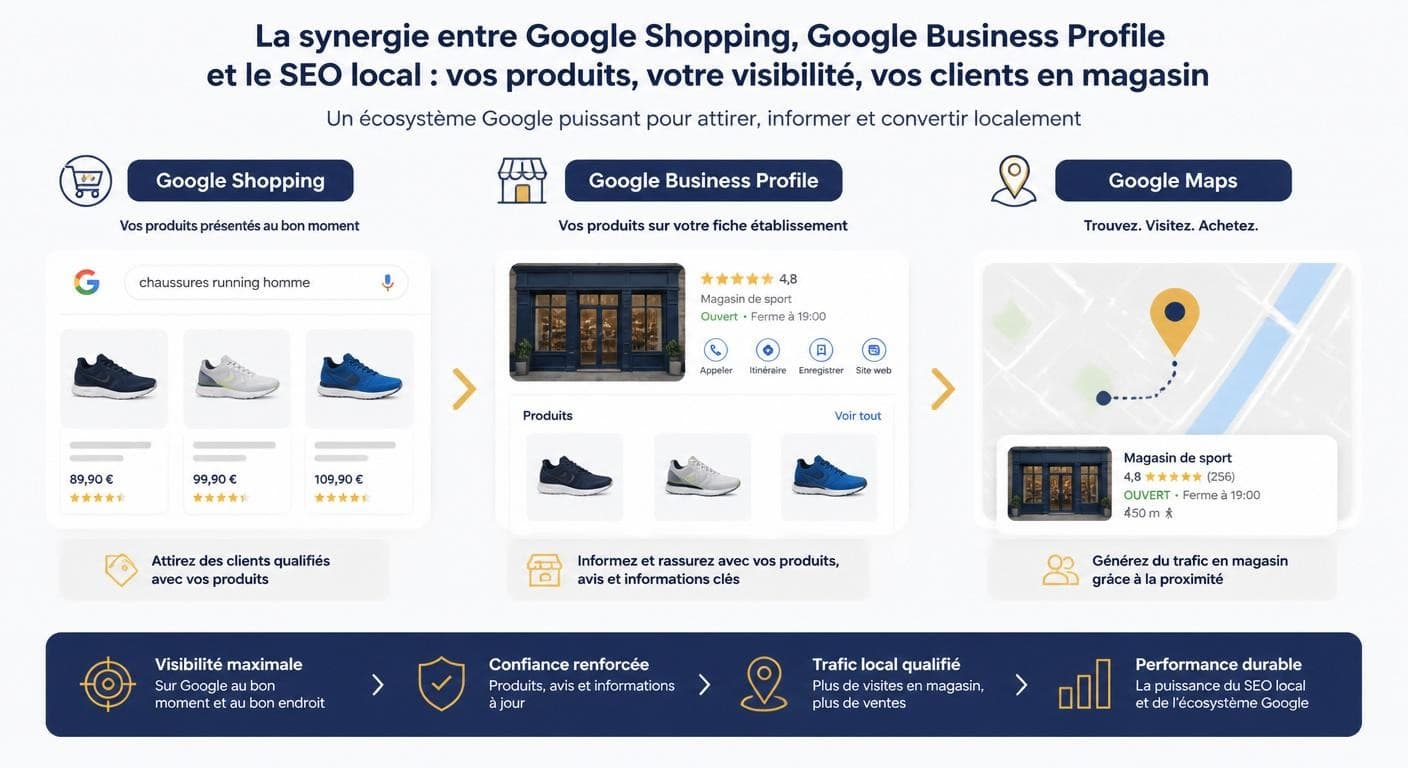 Infographie de la synergie entre Google Shopping, fiche d'établissement et SEO local