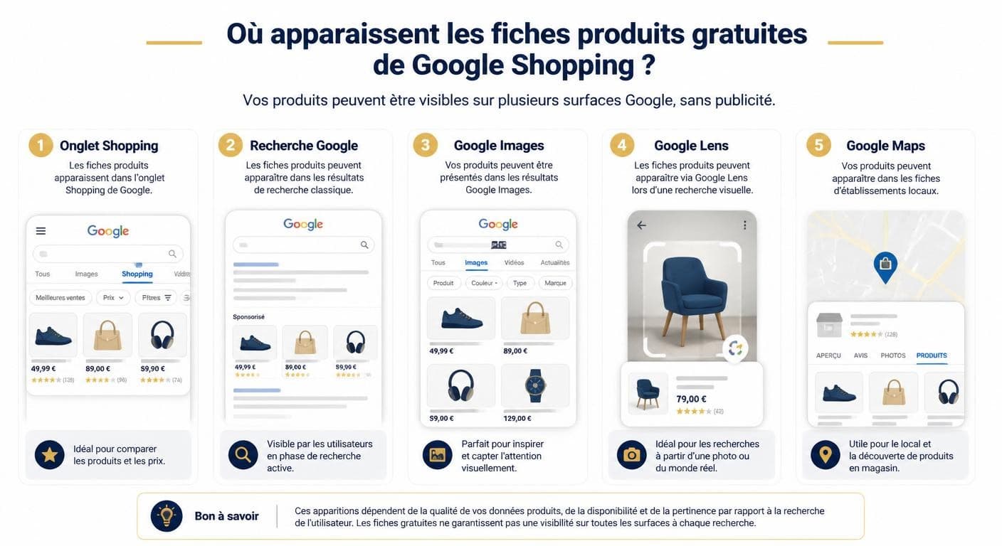 Infographie expliquant où apparaissent les fiches produits gratuites de Google Shopping