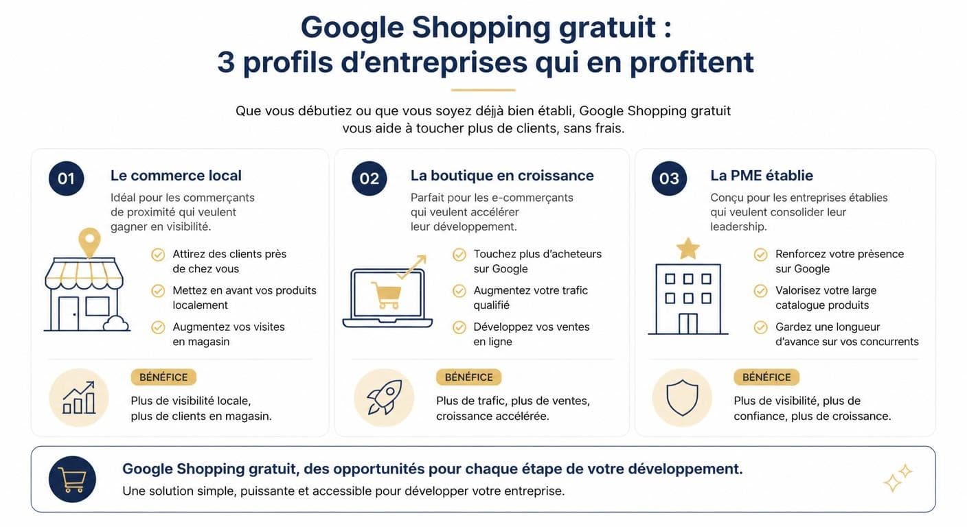 Infographie des profils d'entreprises qui profitent de Google Shopping gratuit