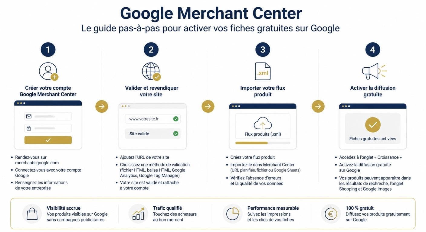 Infographie des étapes pour configurer Google Merchant Center et diffuser gratuitement