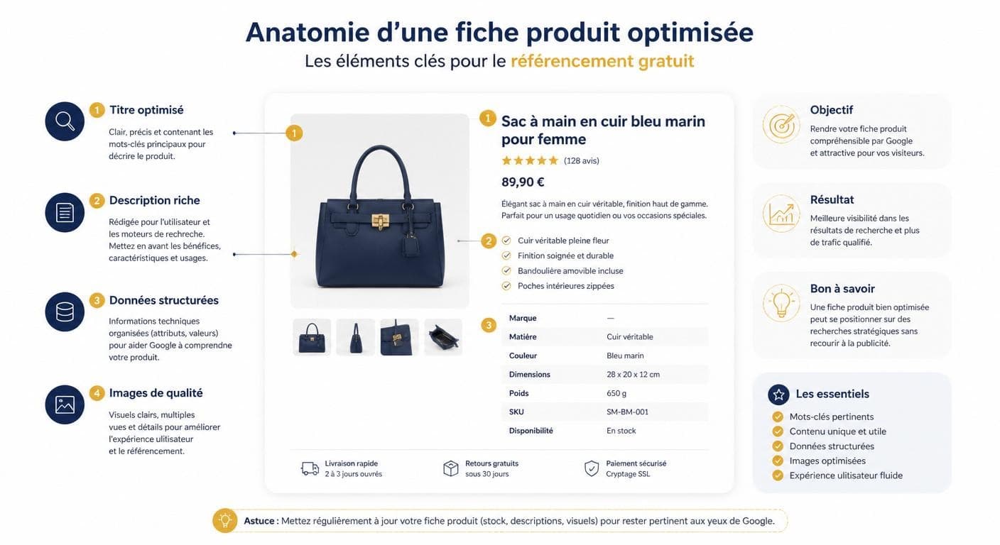 Infographie de la structure d'une fiche produit optimisée pour le référencement gratuit