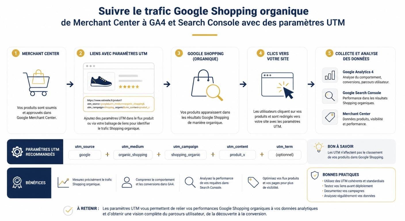 Infographie du suivi du trafic Google Shopping organique avec Merchant Center, GA4 et UTM