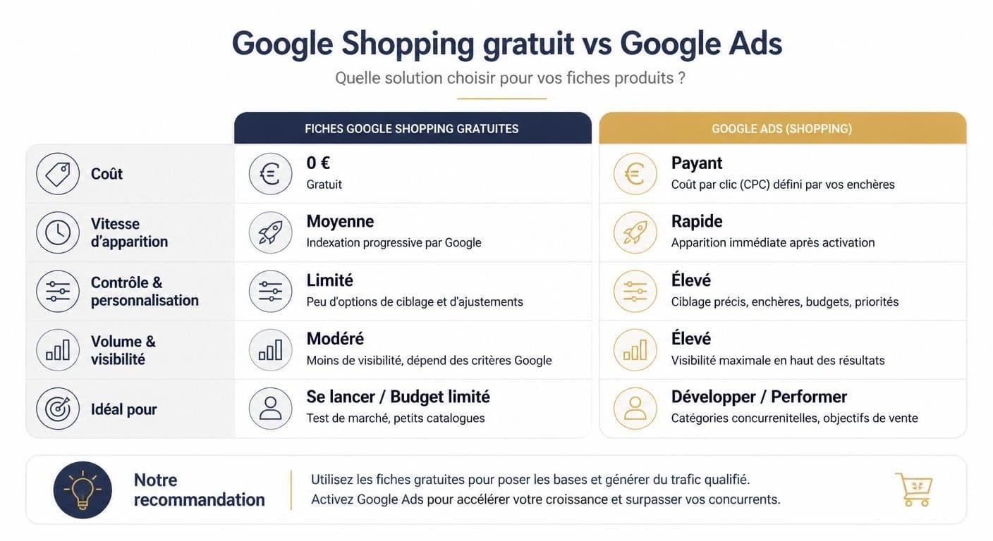 Infographie comparant Google Shopping gratuit et Google Ads pour aider à choisir