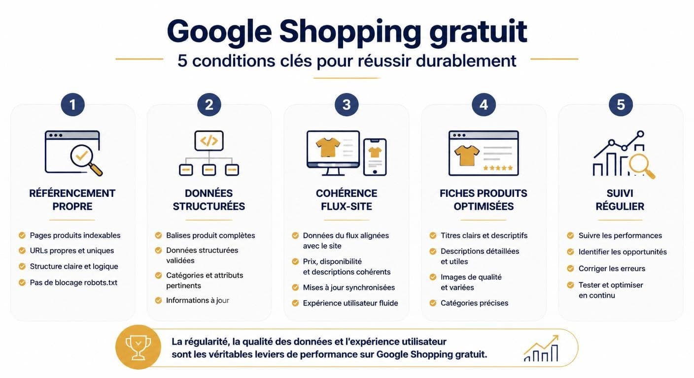 Infographie des cinq conditions pour réussir durablement sur Google Shopping gratuit