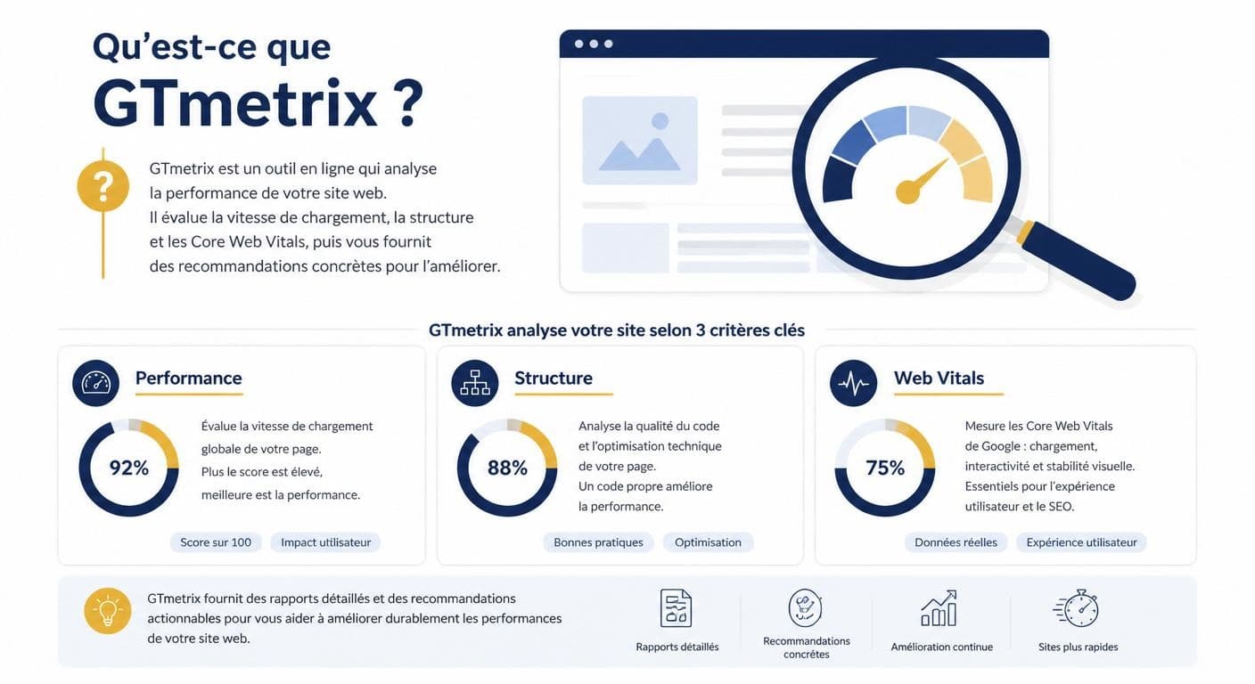 Infographie expliquant ce qu'est GTmetrix et ce qu'il mesure