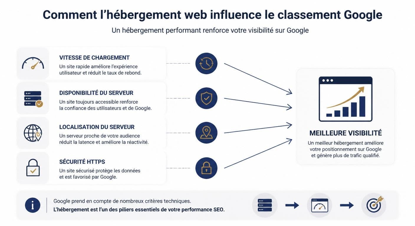 Infographie reliant hébergement web, vitesse et référencement Google