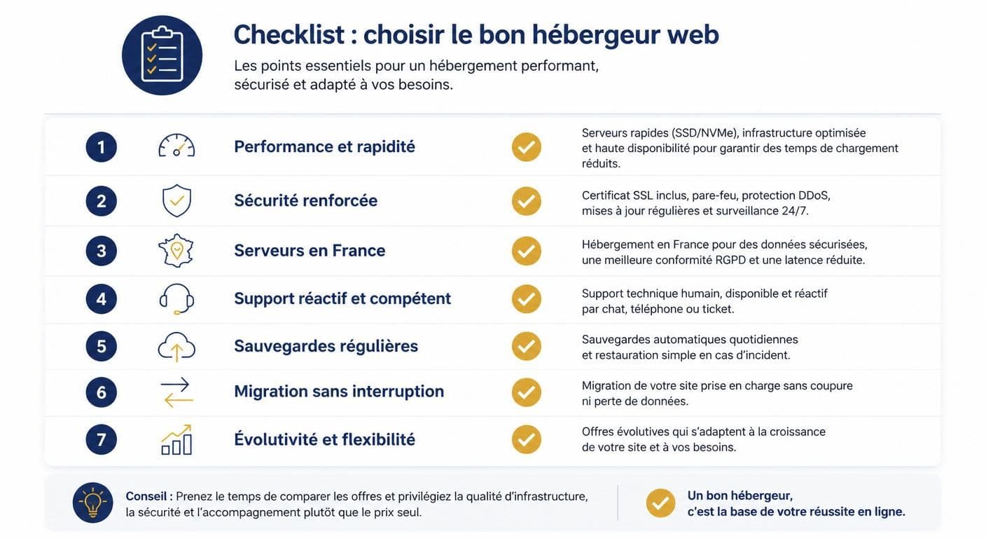 Infographie des critères pour choisir un hébergeur de site web professionnel