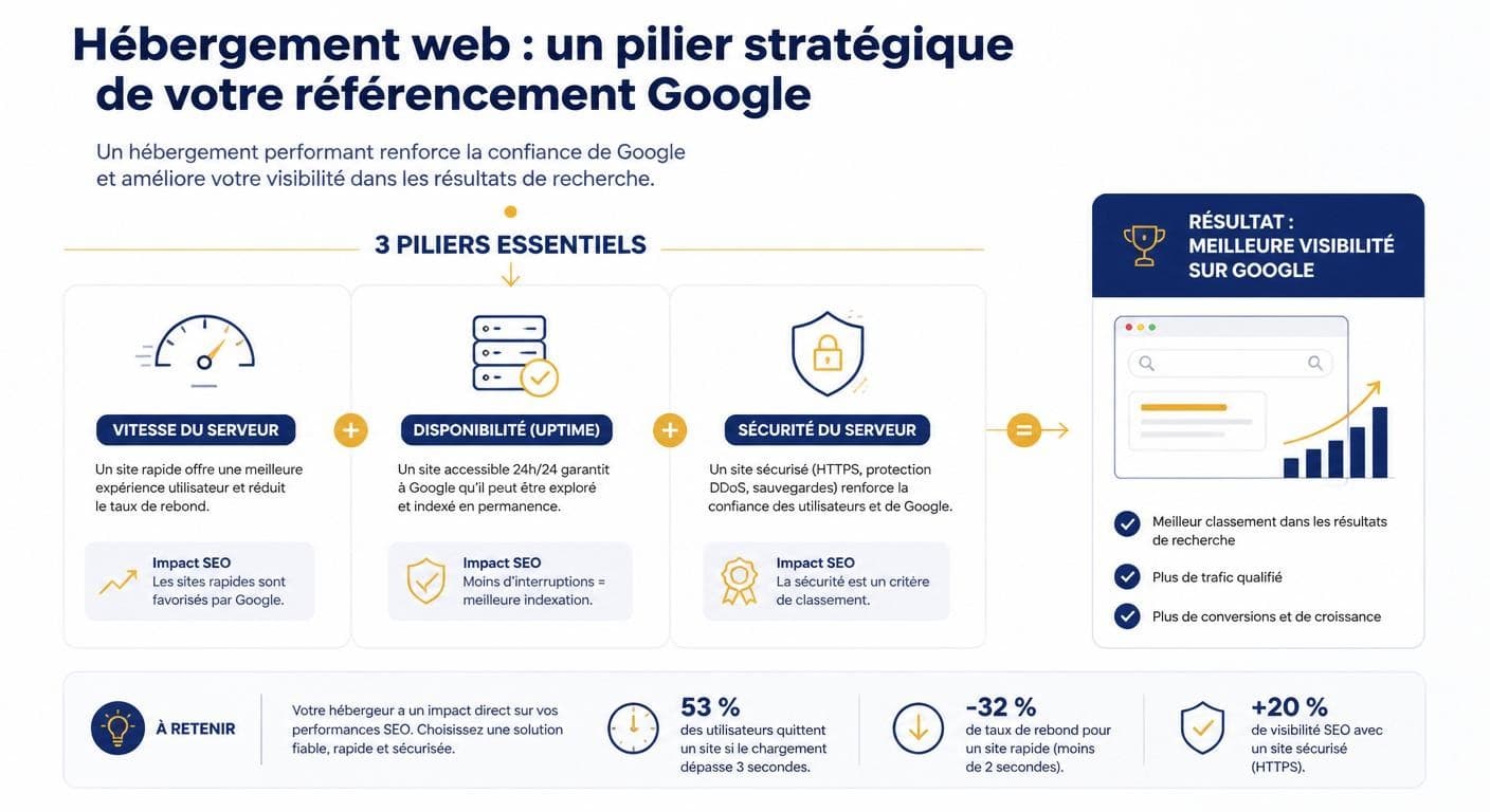 Infographie montrant comment l'hébergement web influence le référencement sur Google