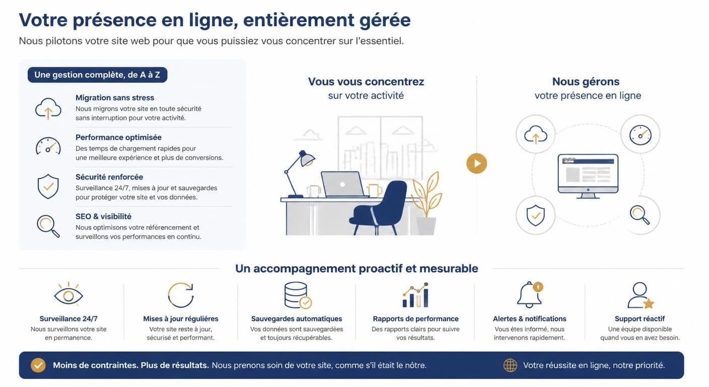 Infographie illustrant la délégation complète de l'hébergement et du référencement à une équipe dédiée