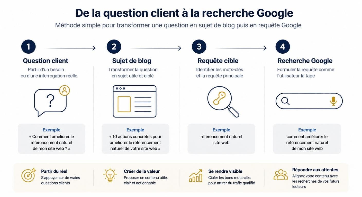 Infographie de la méthode en 4 étapes pour transformer une question client en sujet d'article de blog
