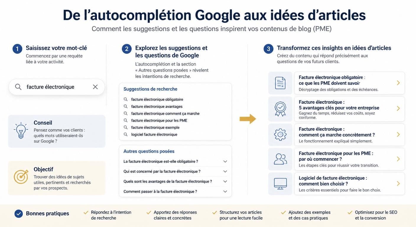 Infographie montrant comment exploiter les suggestions et les questions associées de Google pour trouver des idées d'articles de blog