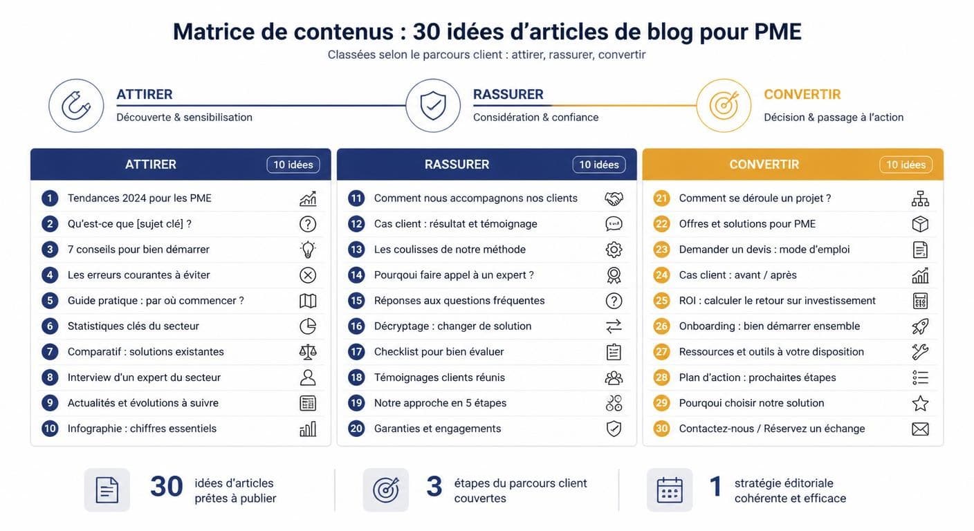 Infographie classant 30 idées d'articles de blog PME selon les objectifs attirer, rassurer et convertir