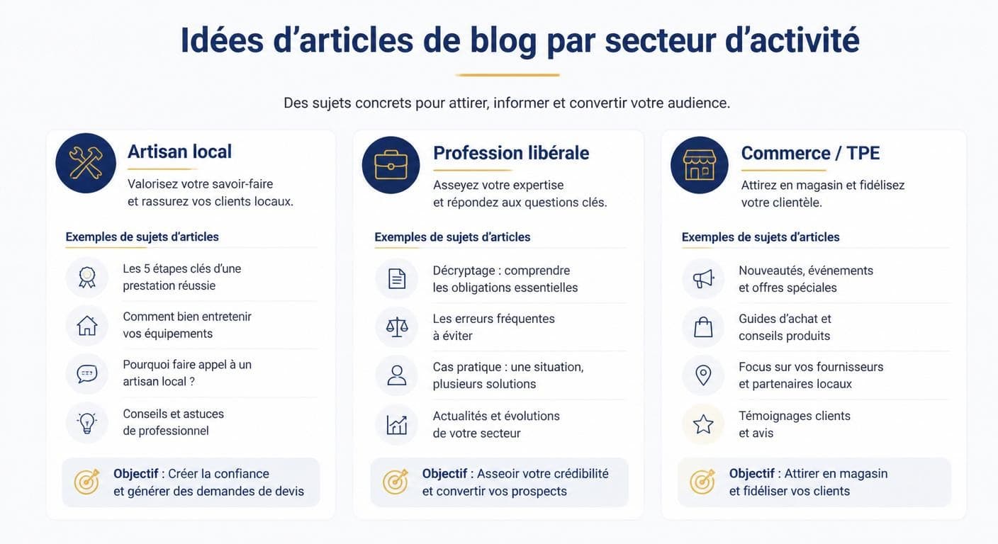 Infographie présentant des idées d'articles de blog par secteur : artisan, profession libérale et commerce