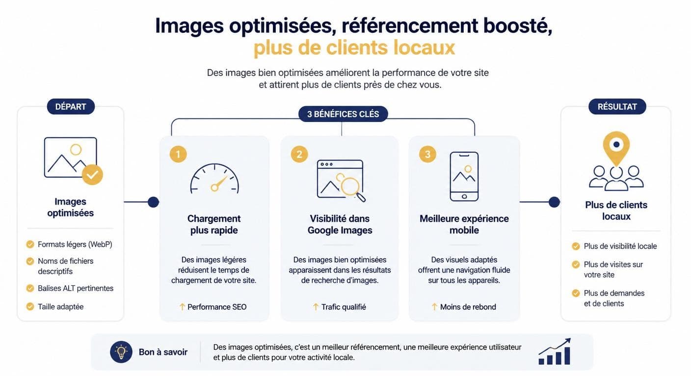 Infographie expliquant comment l'optimisation des images améliore le référencement et attire des clients