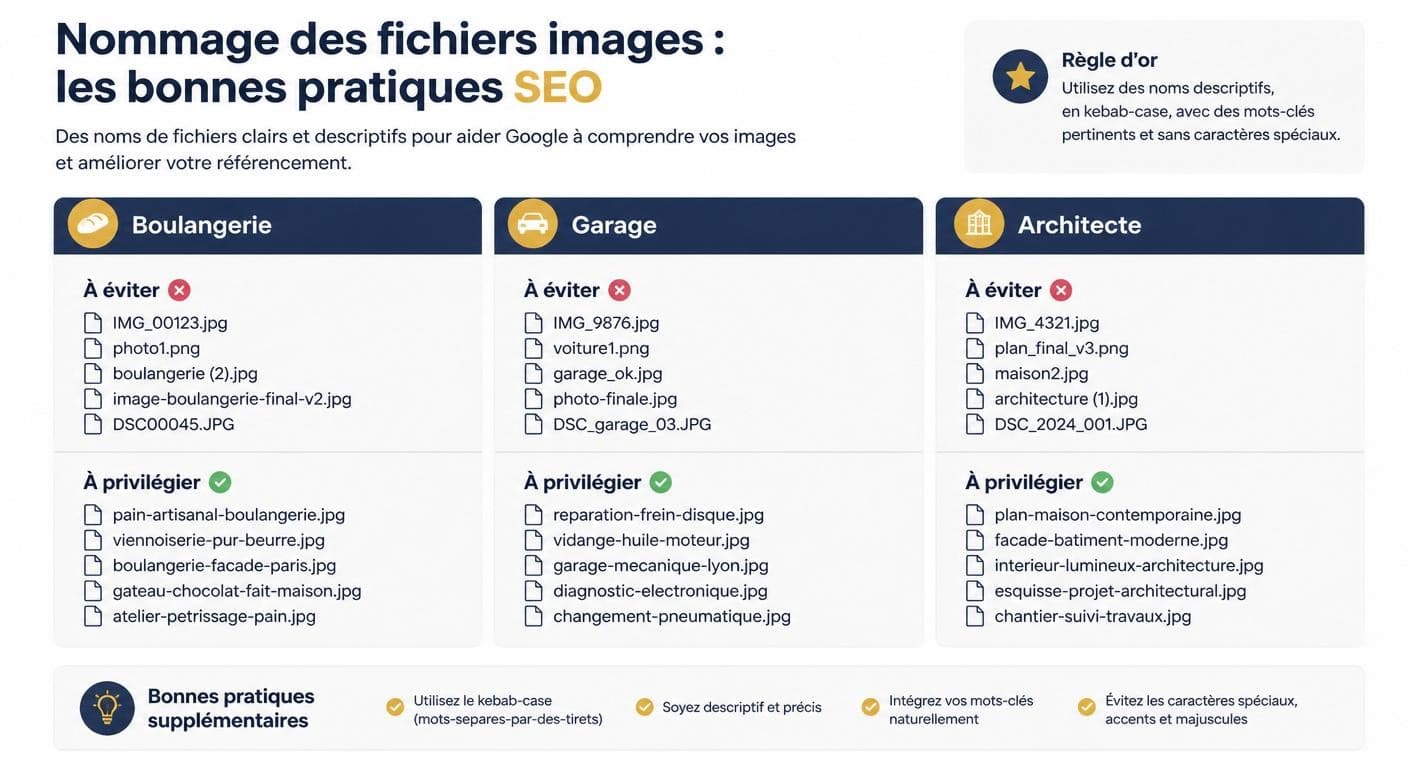 Infographie des bonnes pratiques de nommage de fichiers images pour le référencement
