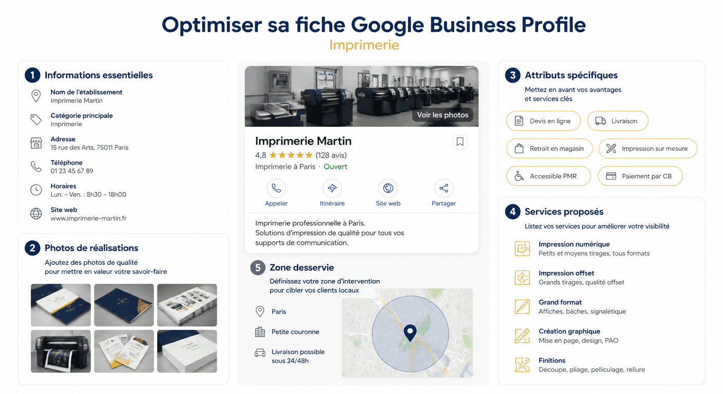 Schéma d'optimisation de fiche Google Business Profile pour une imprimerie