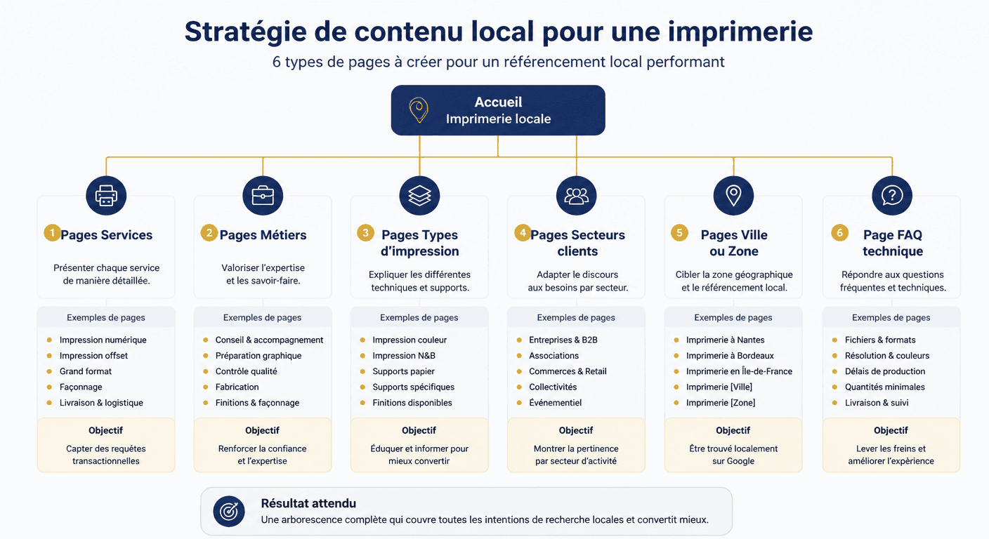 Stratégie de contenu local pour une imprimerie en 6 types de pages