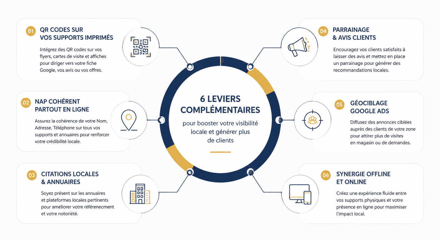 Diagramme combinant supports imprimés et SEO local pour une imprimerie