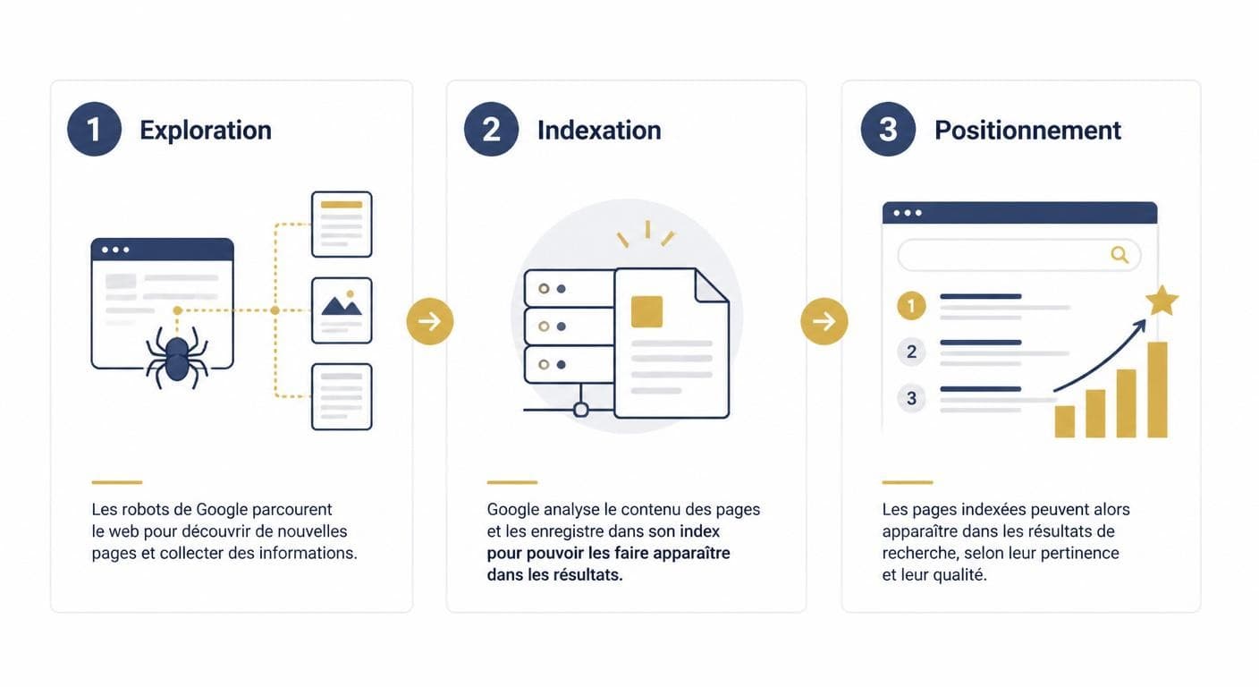 Infographie des trois étapes de l'indexation Google : exploration, indexation, positionnement