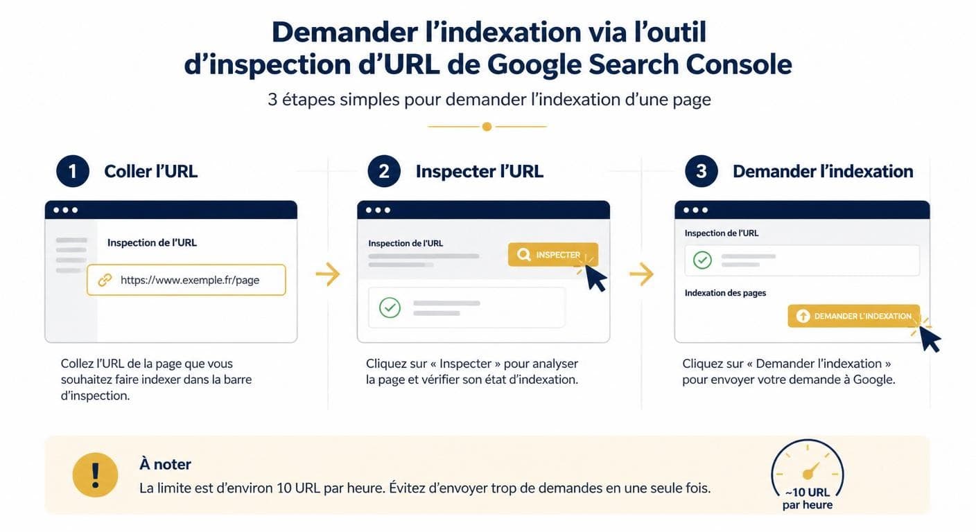 Infographie de la demande d'indexation via l'outil d'inspection d'URL de la Search Console