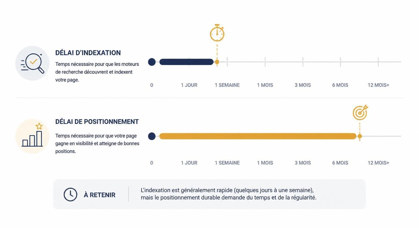 Infographie distinguant le délai d'indexation du délai de positionnement