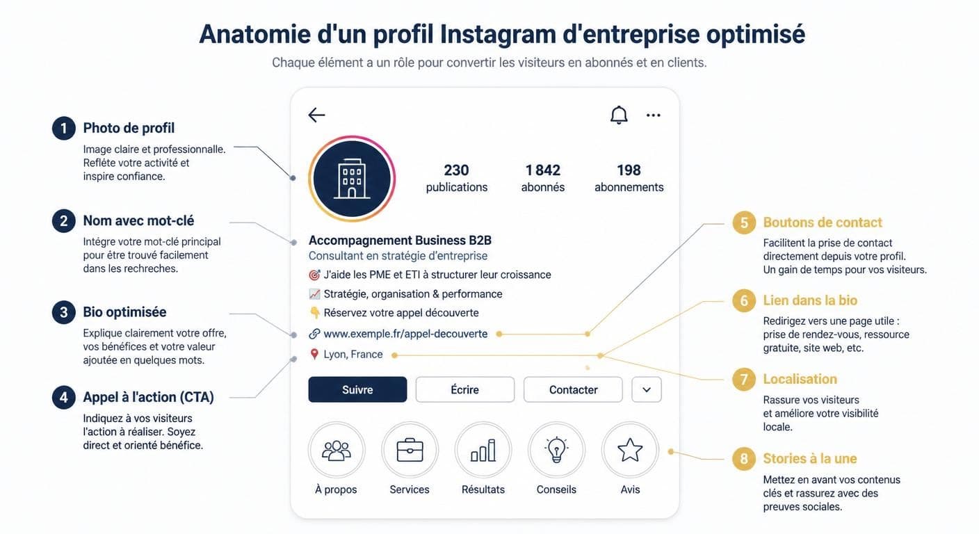 Infographie de l'anatomie d'un profil Instagram d'entreprise optimisé