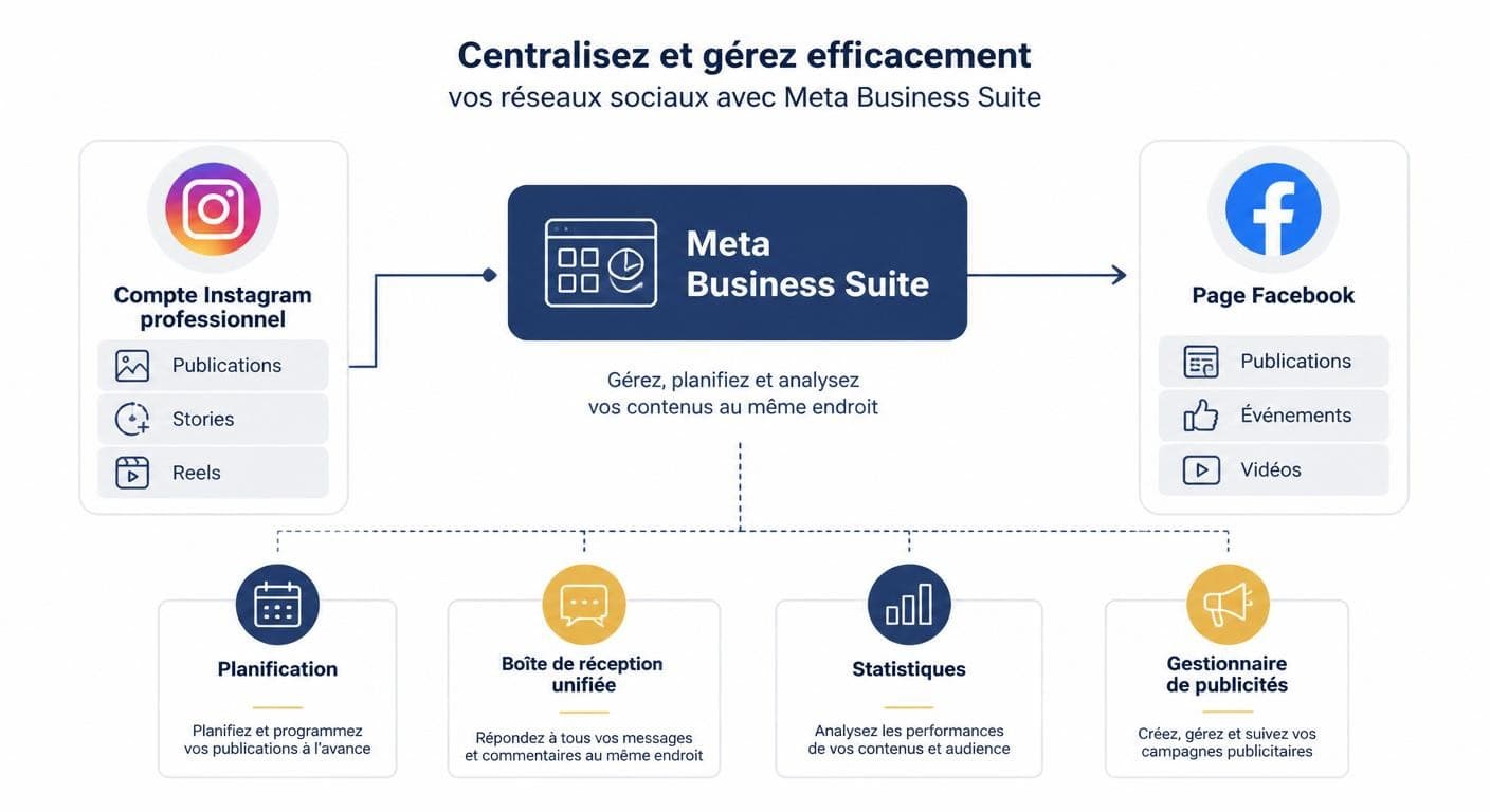 Infographie de la connexion entre Instagram, la Page Facebook et Meta Business Suite