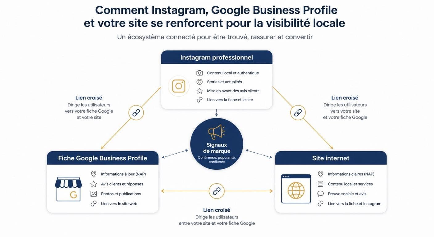 Infographie reliant Instagram, la fiche Google Business Profile et le site internet pour la visibilité locale