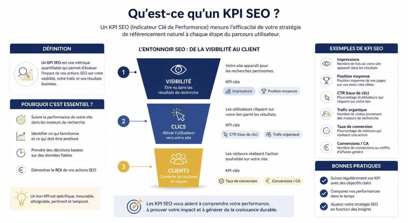 Infographie expliquant ce qu'est un KPI SEO et son lien avec les clients
