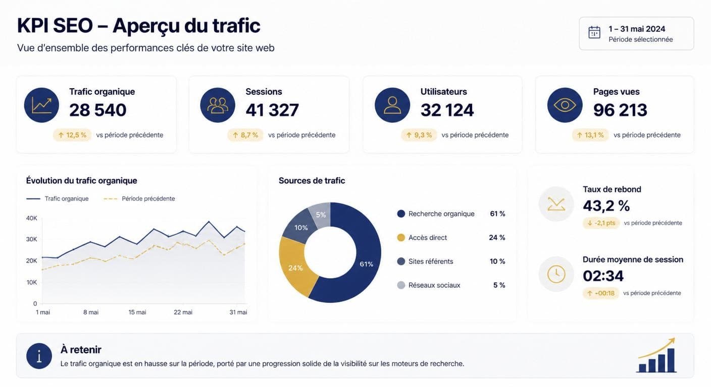 Infographie des principaux KPI SEO de trafic organique à suivre