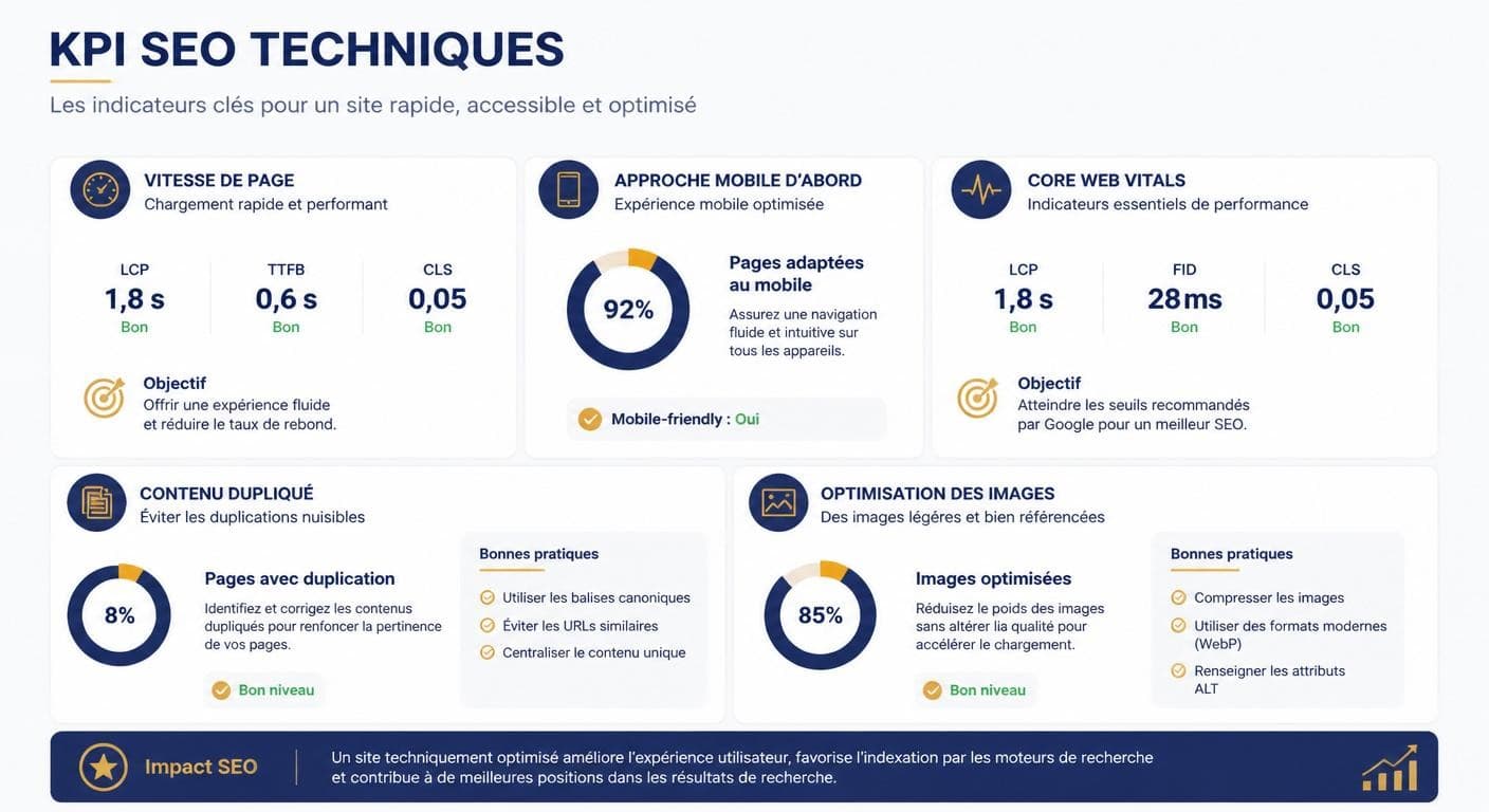 Infographie des KPI SEO de performance technique du site