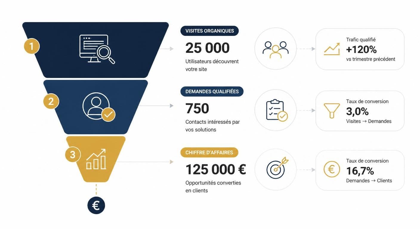 Schéma traduisant les visites organiques en demandes qualifiées et en chiffre d'affaires