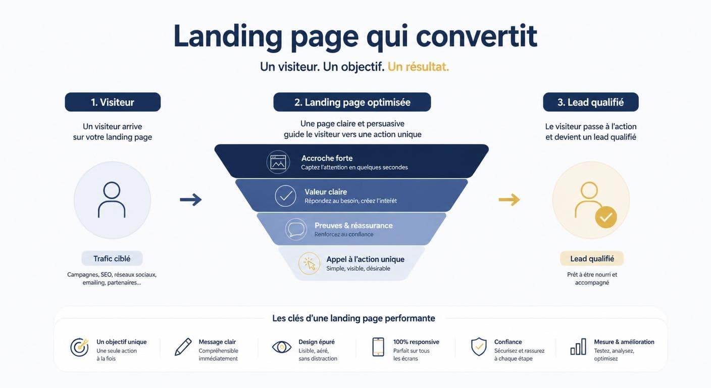 Infographie expliquant le principe d'une landing page qui convertit un visiteur en client