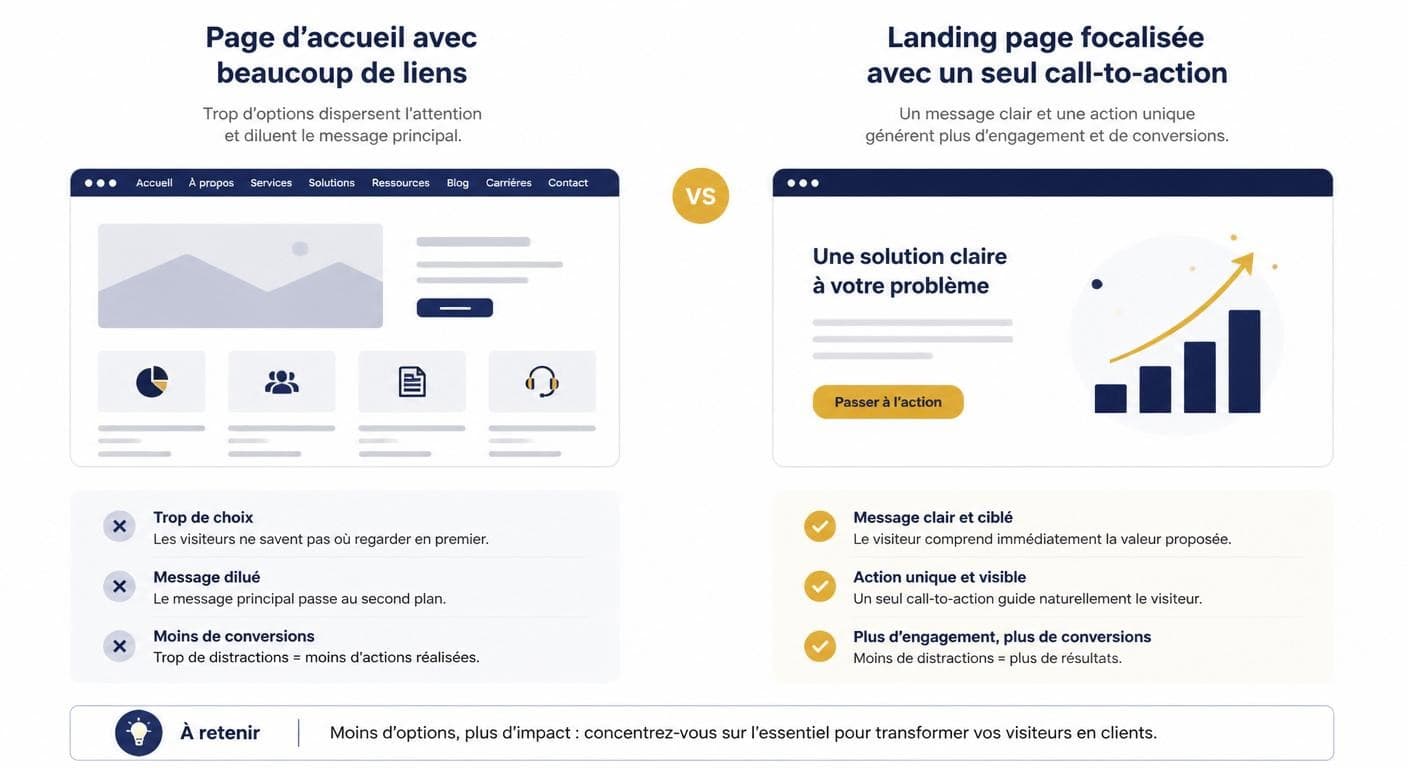 Infographie comparant une page d'accueil et une landing page orientée conversion