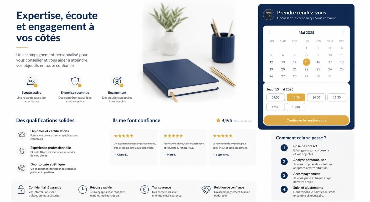 Infographie d'une landing page de prise de rendez-vous axée confiance pour une profession libérale