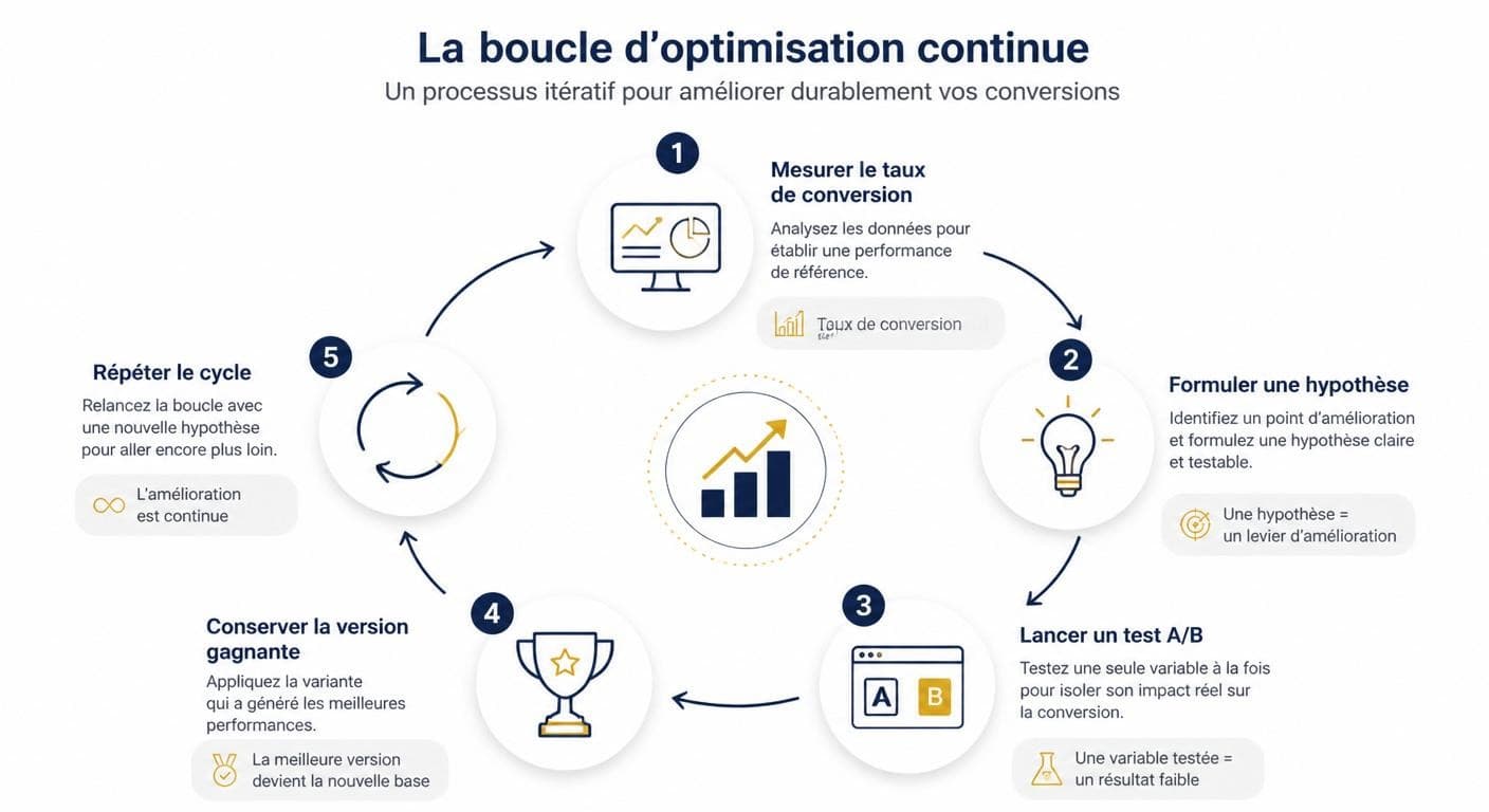 Infographie de la boucle d'optimisation et d'A/B testing d'une landing page