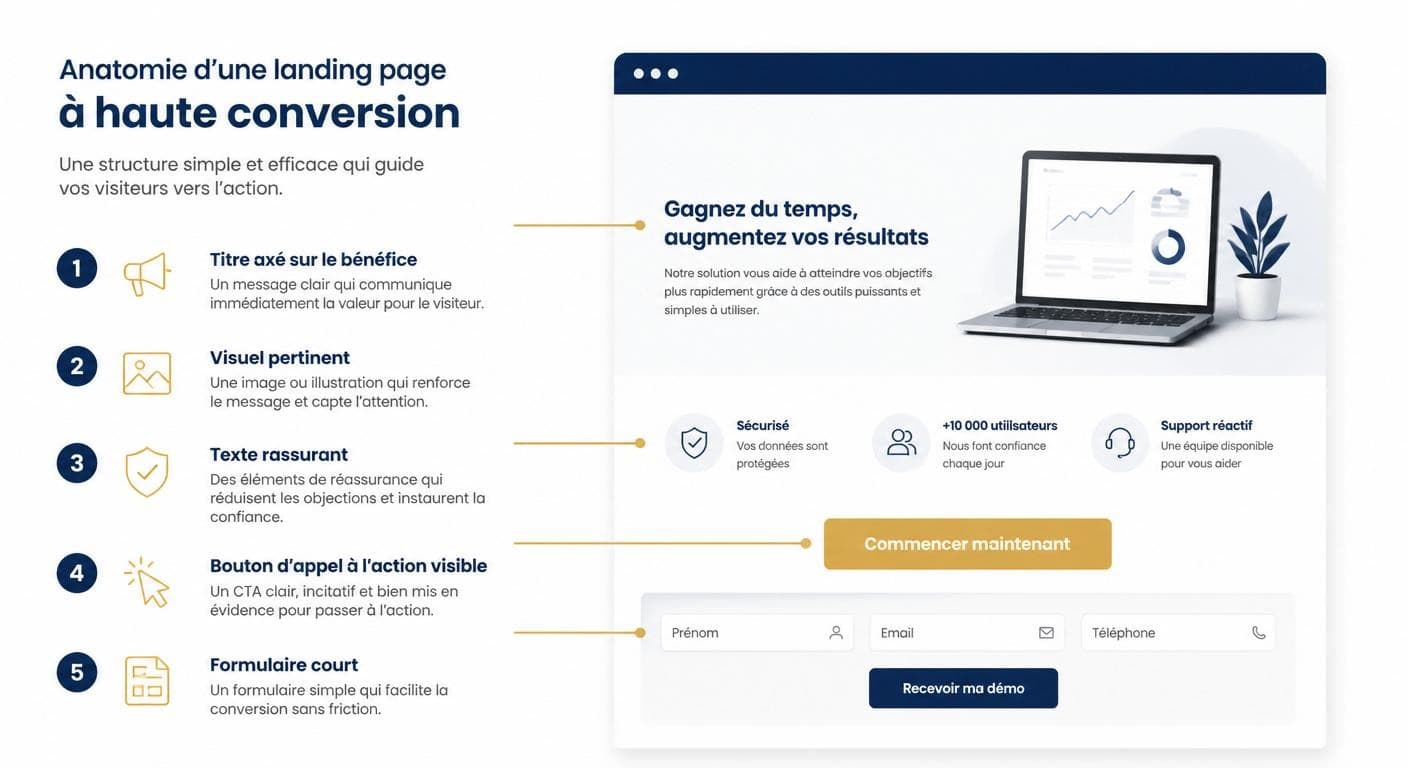 Infographie de l'anatomie d'une landing page qui convertit avec ses cinq composantes