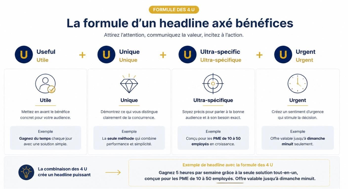Infographie de la règle des 4 U pour un titre de landing page orienté bénéfice
